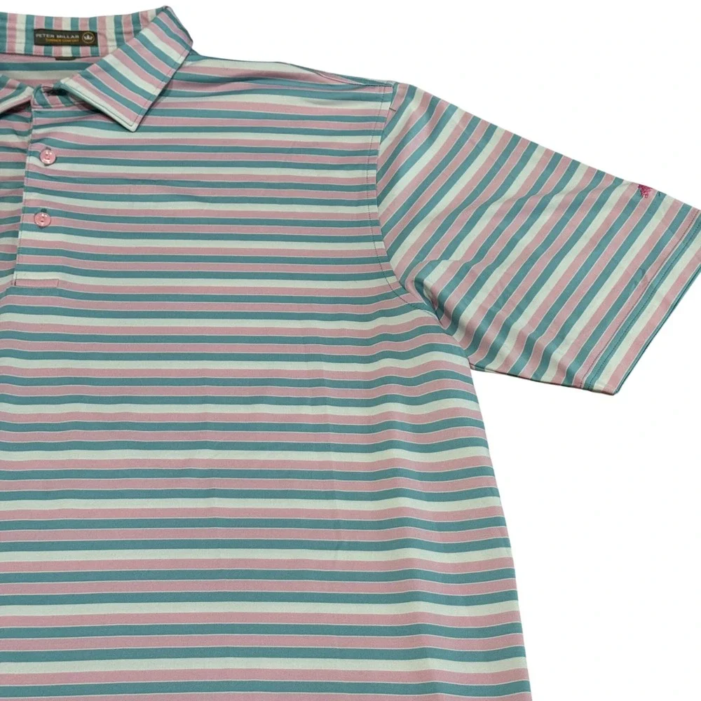 Peter Millar Summer Comfort Men size XL‎ Polo Shirt Pink Blue White Striped Golf